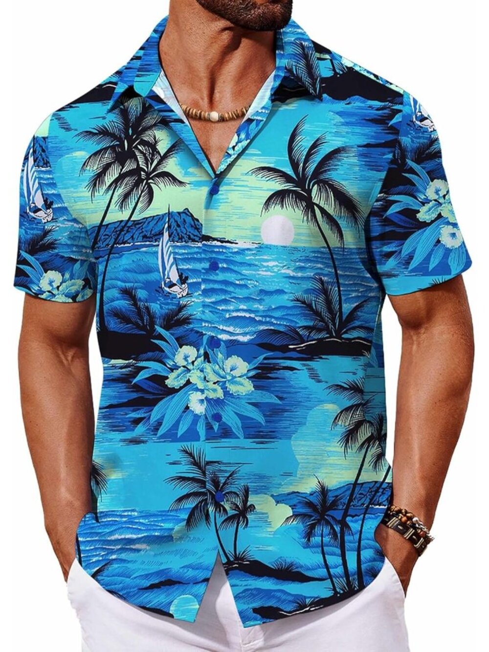 Mens Light Blue 1 Hawaiian Short Sleeve Tropical Floral Summer Button Down Shirt